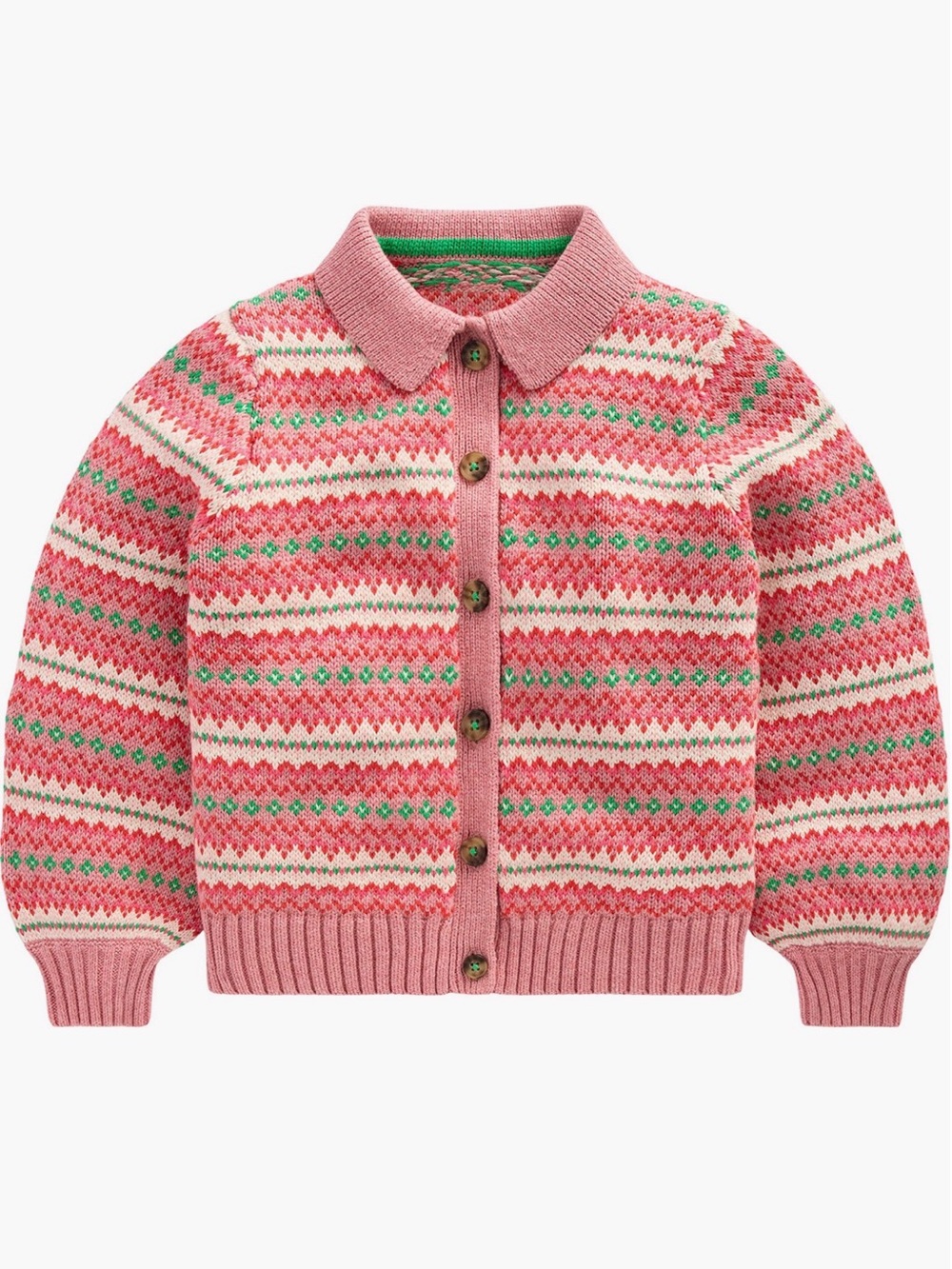 NWT Mini Boden kids fair isle collar pink sweater 100% cotton cardigan sz 5-6 - Picture 2 of 4